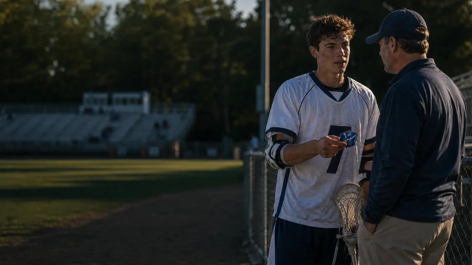 Lacrosse player handing his Pleyr Card to a coach at the fence after a game