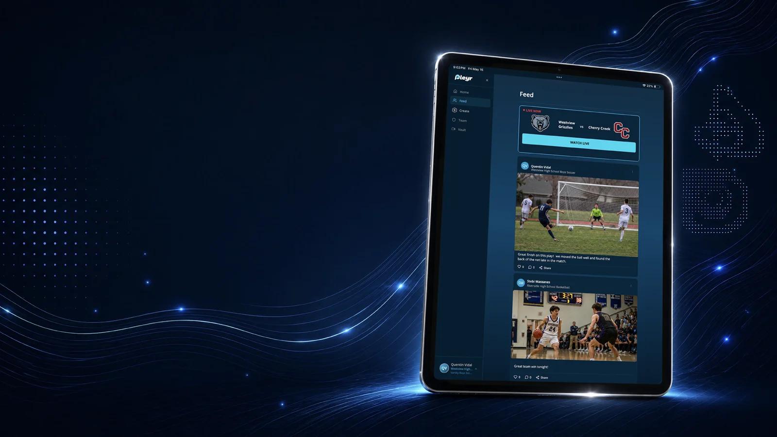 Tablet showing a team feed full of shared game photos and videos