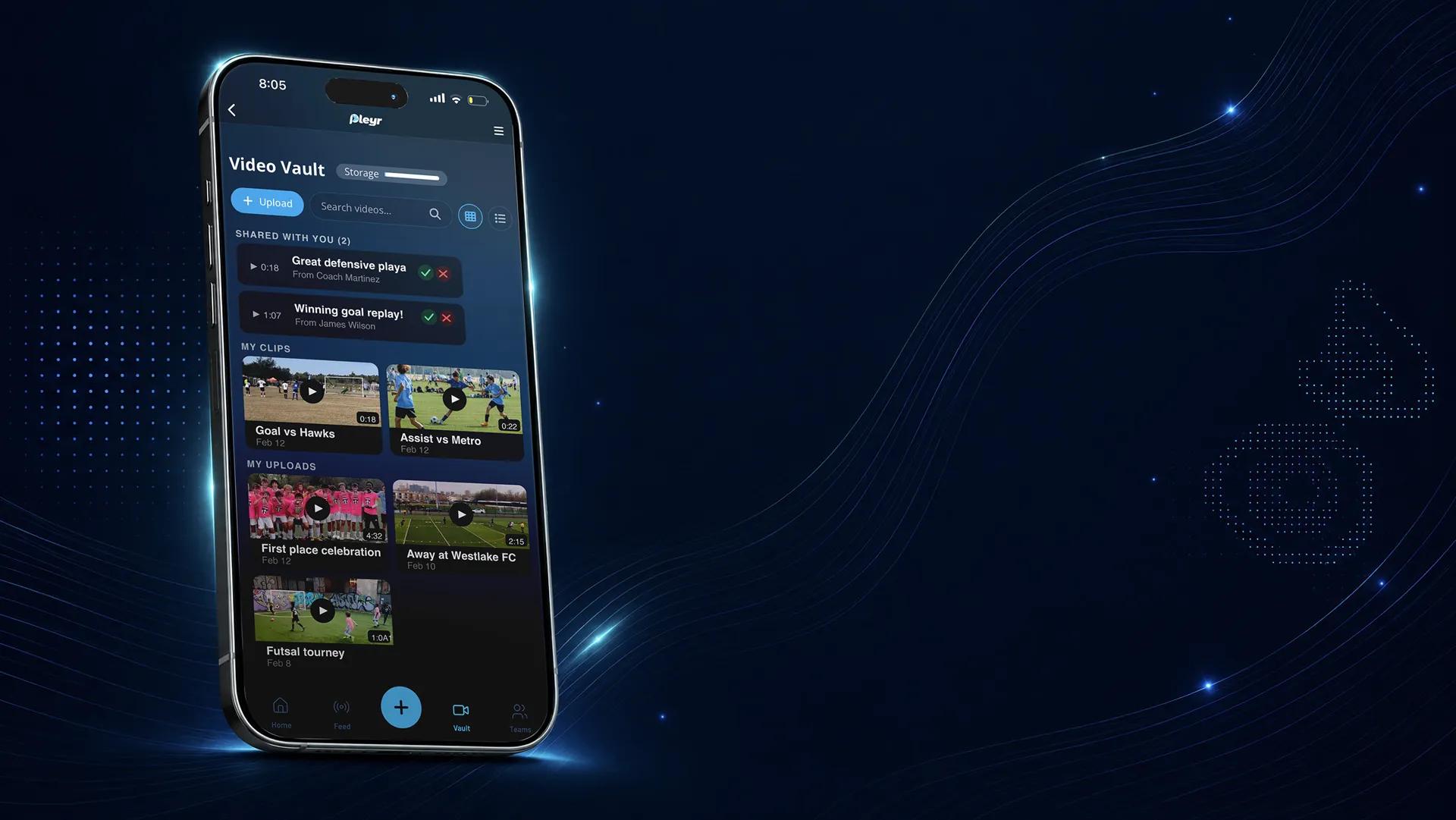 Phone showing the Pleyr Video Vault with saved clips and uploads