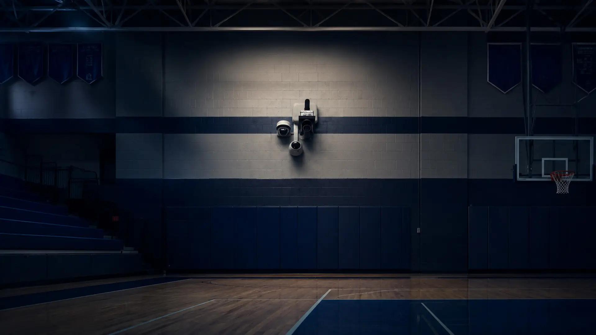 Cameras mounted on a gymnasium wall above a basketball court
