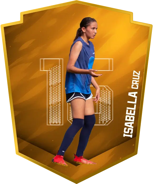 Female soccer player kicking a ball in a cosmic-themed Pleyr card.