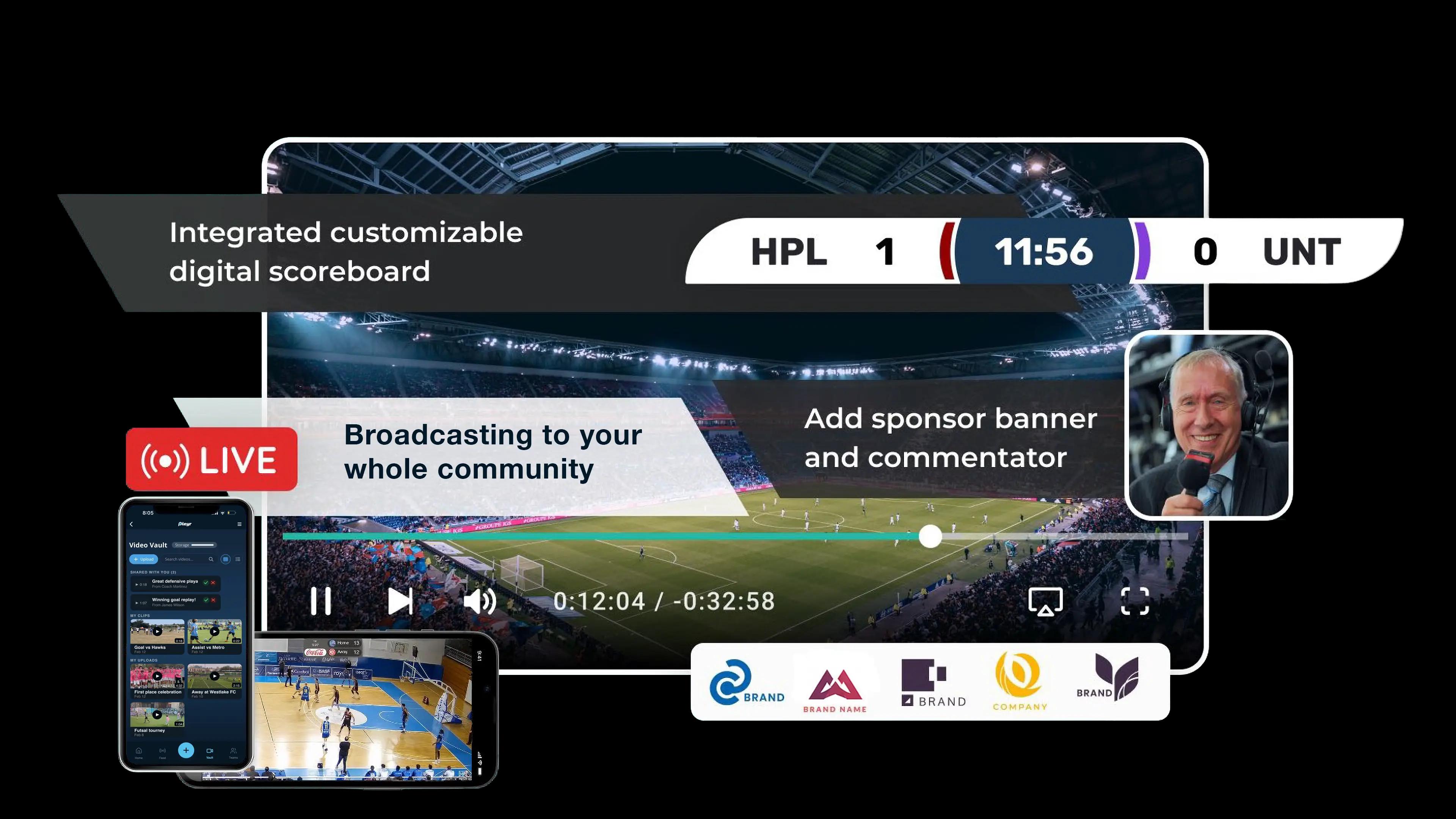 Pleyr livestream graphic showing a digital scoreboard, sponsor banner, and commentator